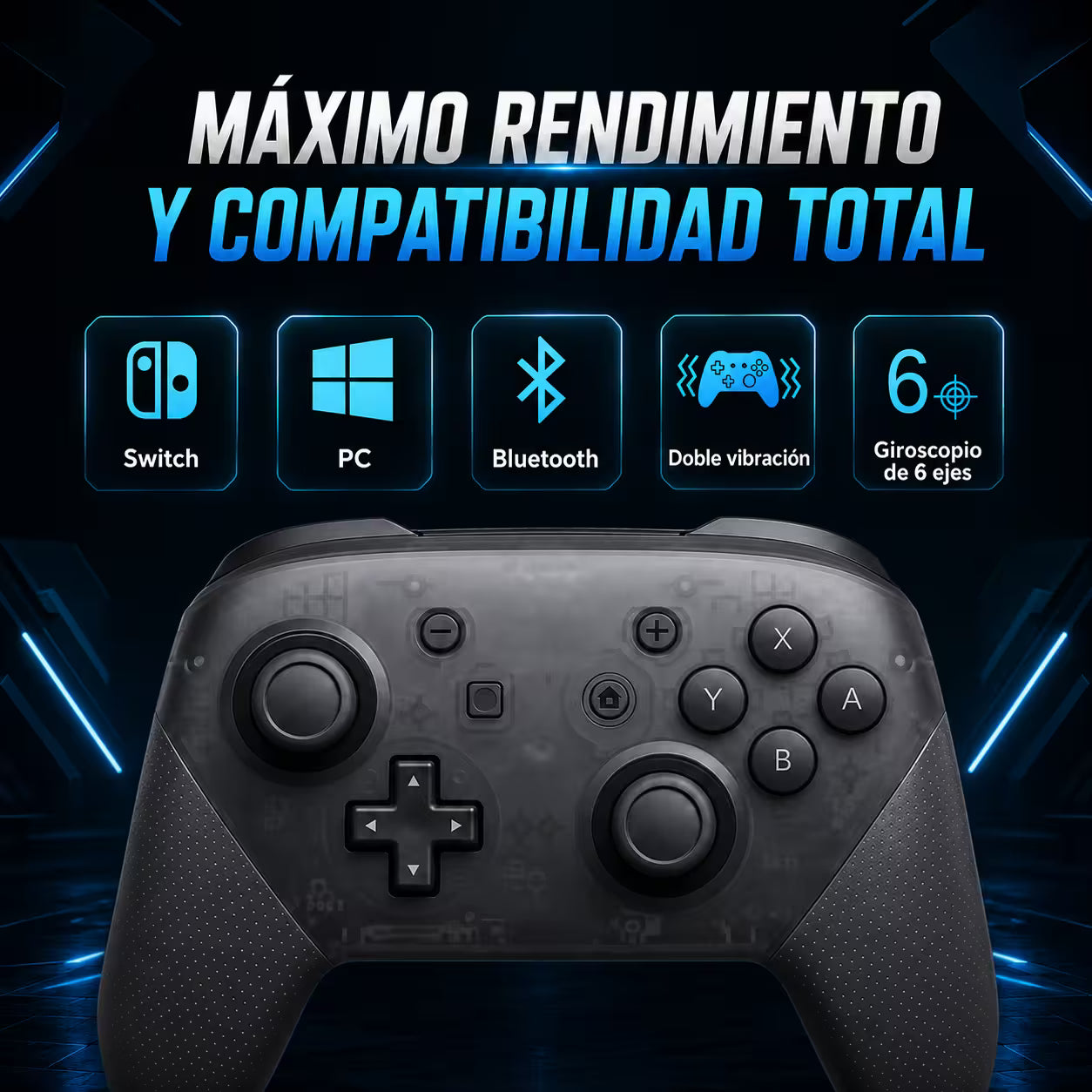 Control Pro Genérico Nintendo Switch - Negro | Bluetooth Vibración Dual Giroscopio | 8H Batería