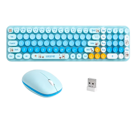 Combo Teclado y Mouse Inalámbrico Baby Bear - Azul | 100 Teclas Redondas Retro Multicolor | 10m | 2.4G