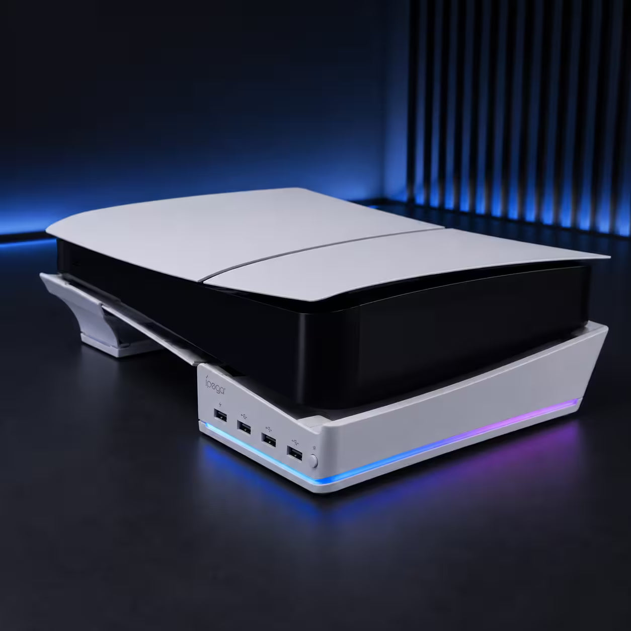 Base Horizontal RGB 4-en-1 iPega – PS5 Slim y PS5 Pro | Hub 4x USB 2.0 | 14 Modos RGB