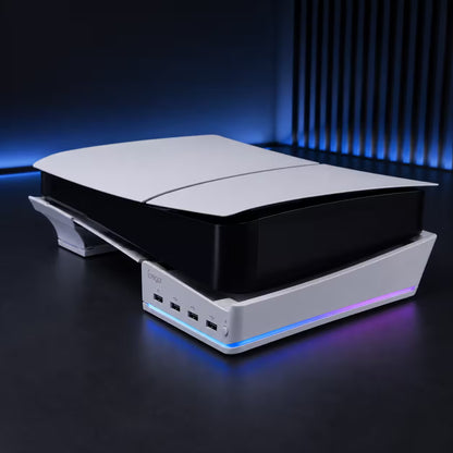 Base Horizontal RGB 4-en-1 iPega – PS5 Slim y PS5 Pro | Hub 4x USB 2.0 | 14 Modos RGB