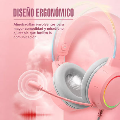 Diadema Gamer Onikuma X15 Pro Rosada – Sonido Envolvente 7.1 | Drivers 50mm | RGB | USB-C | Para Ellas