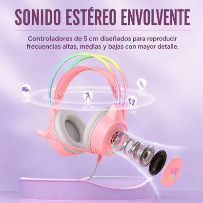 Diadema Gamer Onikuma X15 Pro Rosada – Sonido Envolvente 7.1 | Drivers 50mm | RGB | USB-C | Para Ellas