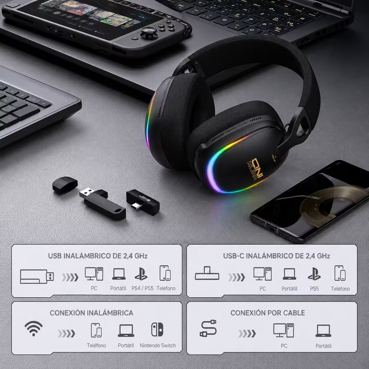 Audífonos Gamer Inalámbricos Onikuma GT805 | 4 en 1 | Mic Oculto ENC | 60H Batería | PS5, PC, Switch, Móvil