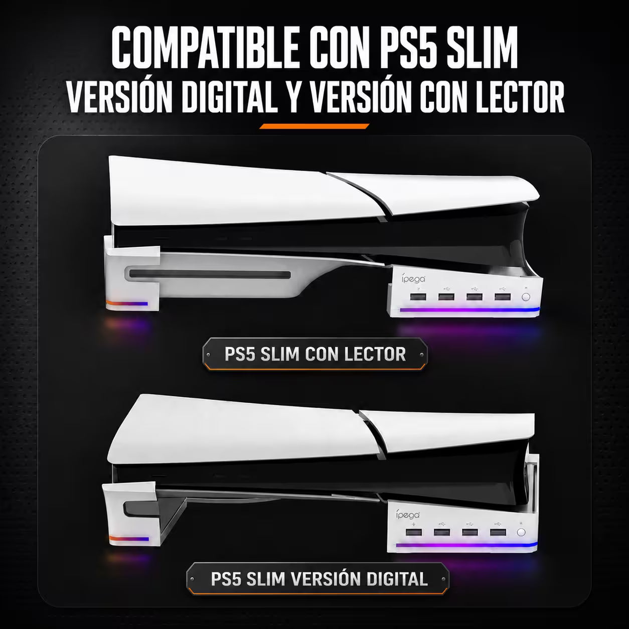 Base Horizontal RGB 4-en-1 iPega – PS5 Slim y PS5 Pro | Hub 4x USB 2.0 | 14 Modos RGB