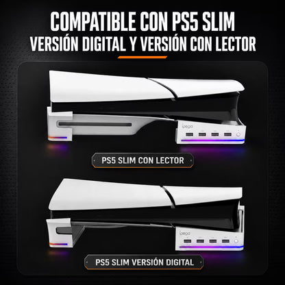 Base Horizontal RGB 4-en-1 iPega – PS5 Slim y PS5 Pro | Hub 4x USB 2.0 | 14 Modos RGB