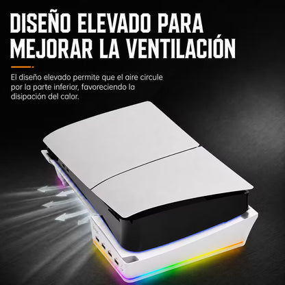 Base Horizontal RGB 4-en-1 iPega – PS5 Slim y PS5 Pro | Hub 4x USB 2.0 | 14 Modos RGB