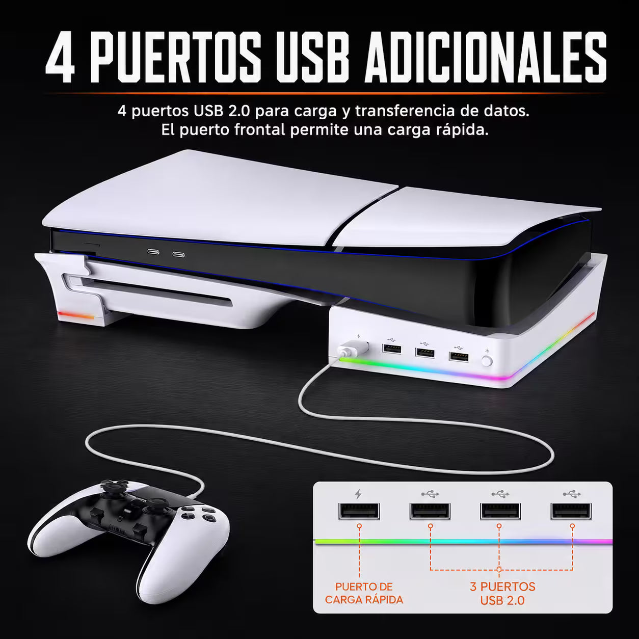 Base Horizontal RGB 4-en-1 iPega – PS5 Slim y PS5 Pro | Hub 4x USB 2.0 | 14 Modos RGB
