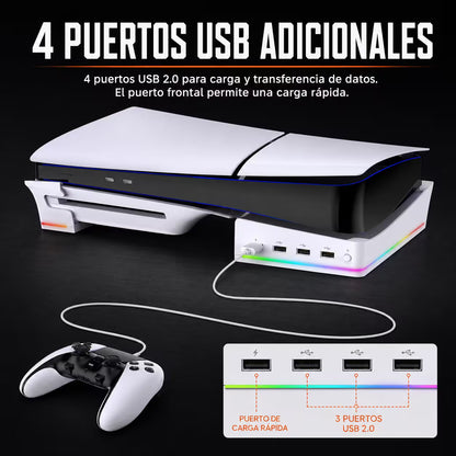 Base Horizontal RGB 4-en-1 iPega – PS5 Slim y PS5 Pro | Hub 4x USB 2.0 | 14 Modos RGB