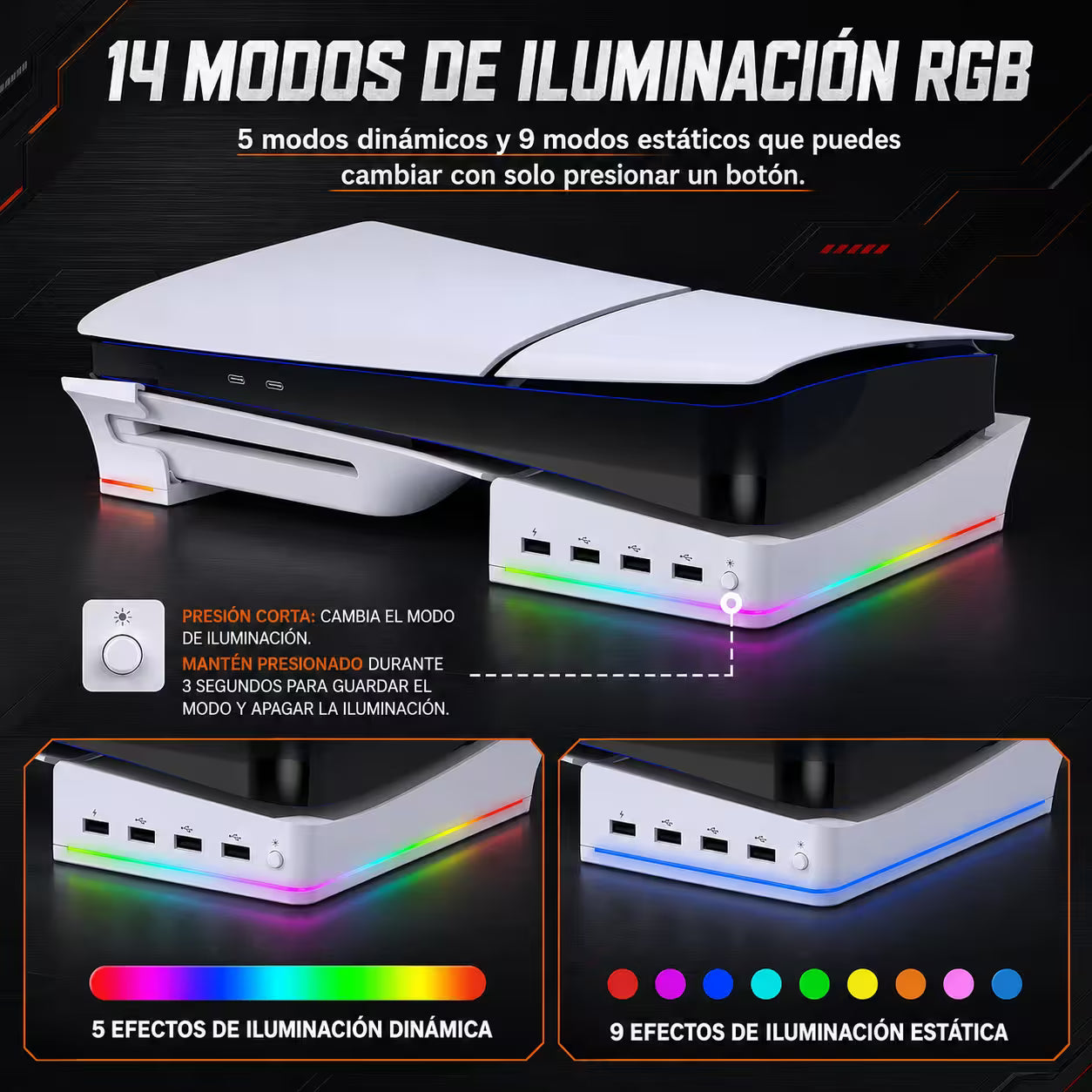 Base Horizontal RGB 4-en-1 iPega – PS5 Slim y PS5 Pro | Hub 4x USB 2.0 | 14 Modos RGB