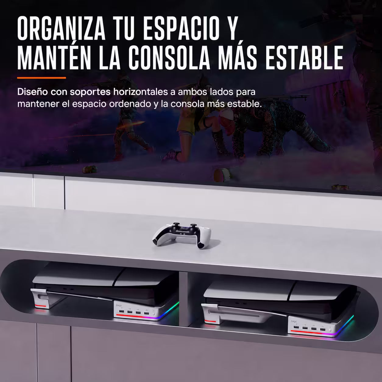 Base Horizontal RGB 4-en-1 iPega – PS5 Slim y PS5 Pro | Hub 4x USB 2.0 | 14 Modos RGB