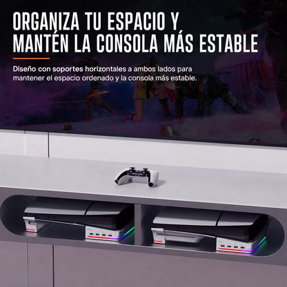 Base Horizontal RGB 4-en-1 iPega – PS5 Slim y PS5 Pro | Hub 4x USB 2.0 | 14 Modos RGB