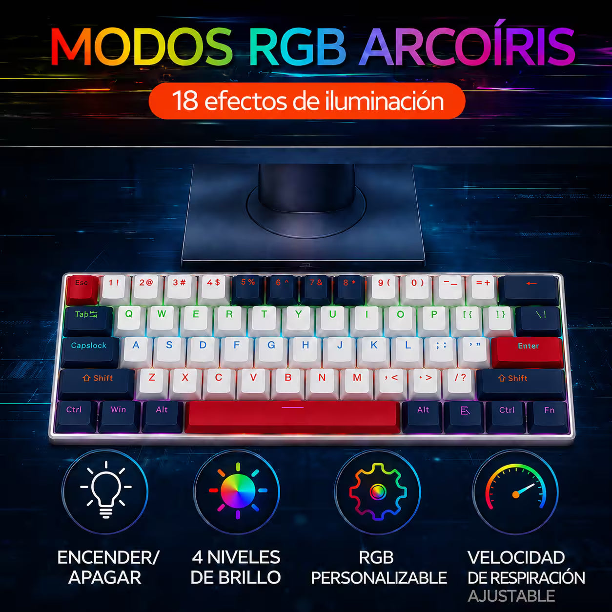 Teclado Mecánico T-Wolf T60 60% RGB  Azul-Blanco - Switches Azules Anti-Ghosting USB-C