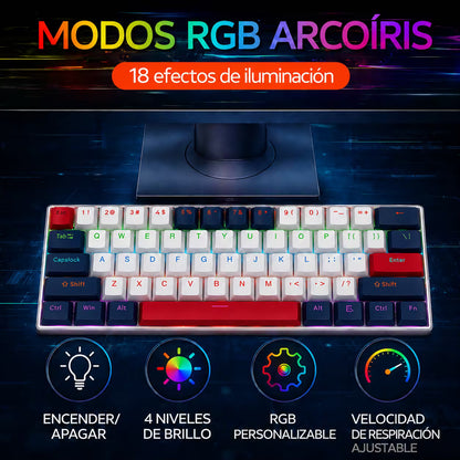 Teclado Mecánico T-Wolf T60 60% RGB  Azul-Blanco - Switches Azules Anti-Ghosting USB-C