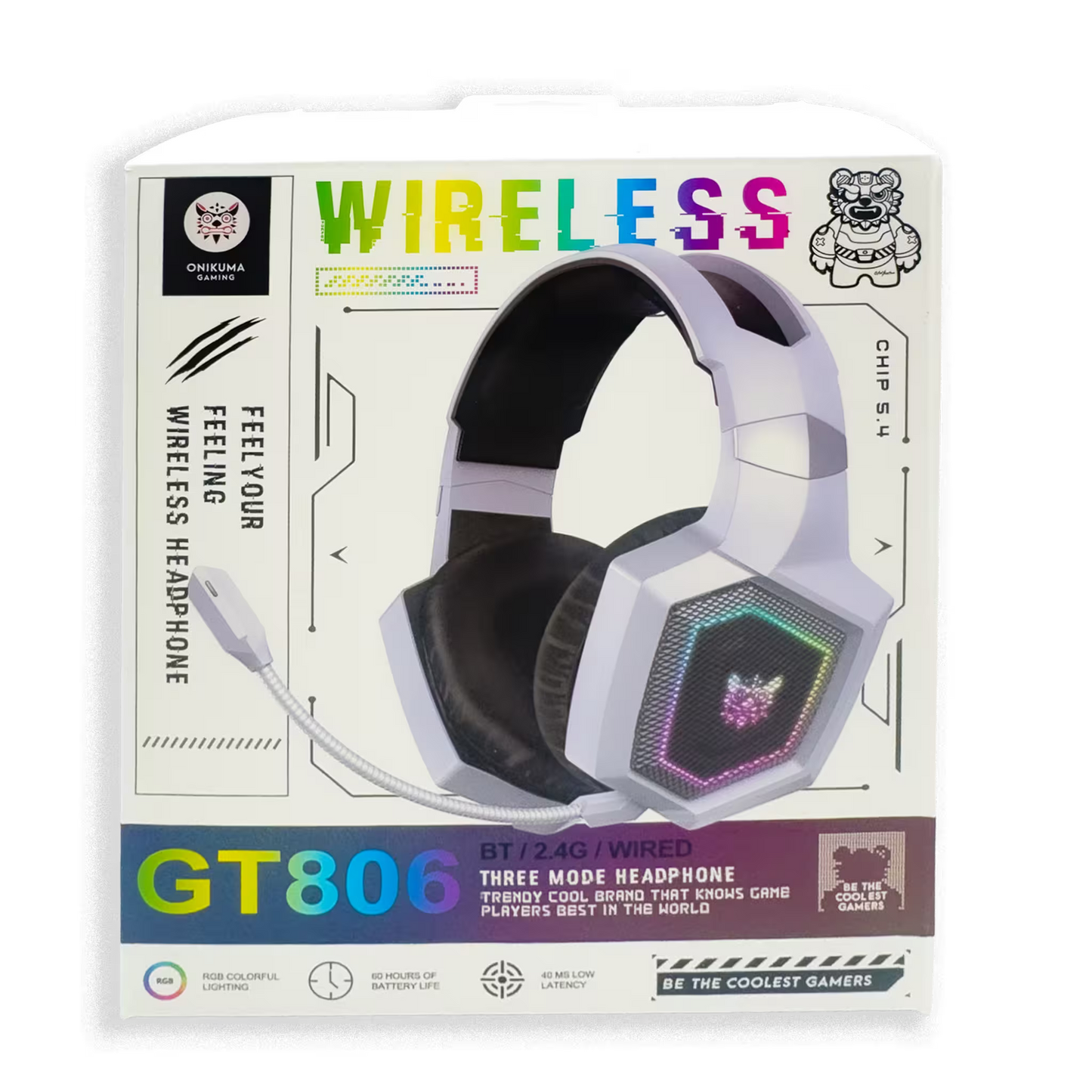 Diadema Gamer Onikuma GT806: Inalámbrica BT 5.4, Batería Infinita y RGB | BLANCA