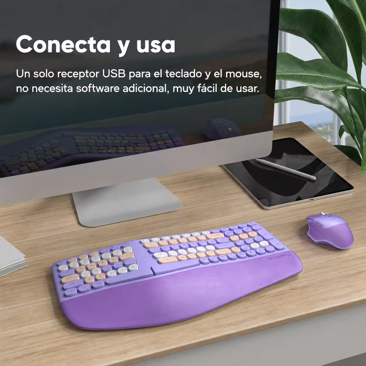 Combo Teclado y Mouse Inalámbrico Ergonómico MOFII Retro Violeta – 104 Teclas Bubble Keys | 2.4G | Para Ellas