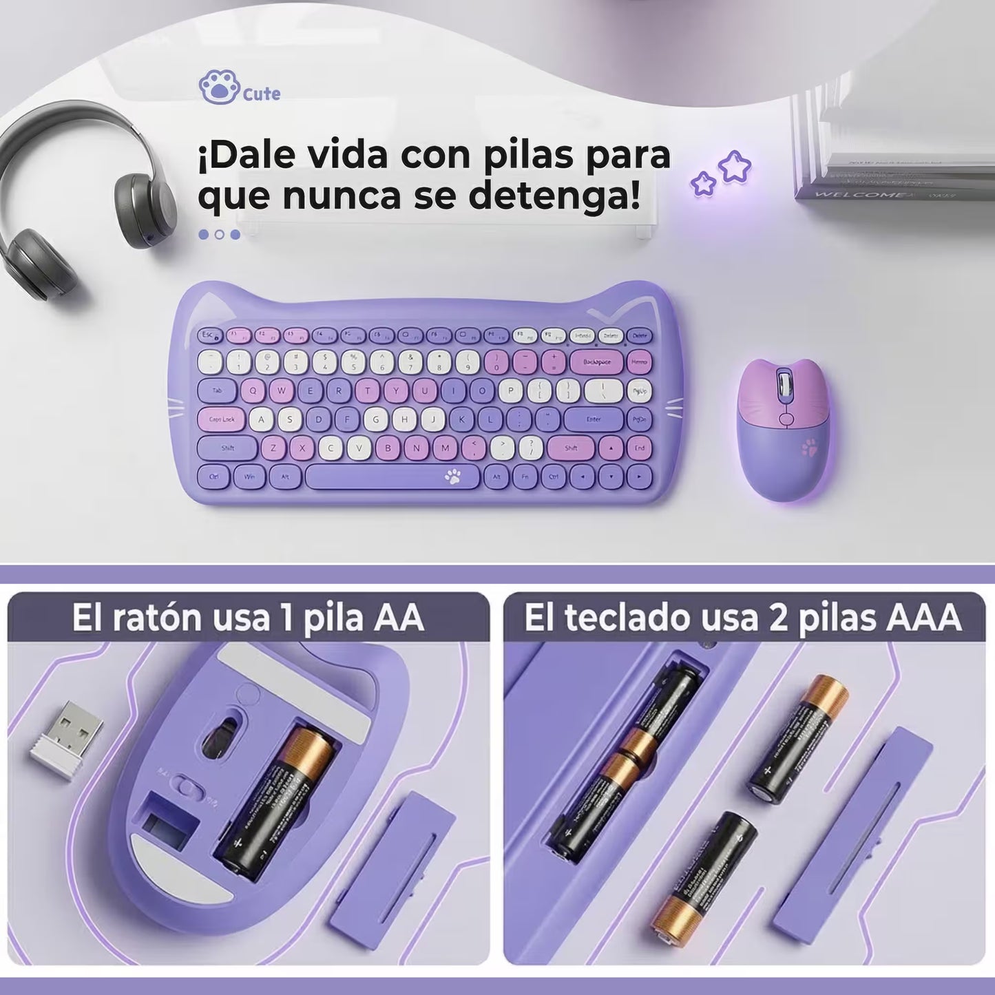 Combo Teclado Mouse GEEZER Gato Púrpura - Compacto 2.4G 1600 DPI Silencioso Pilas