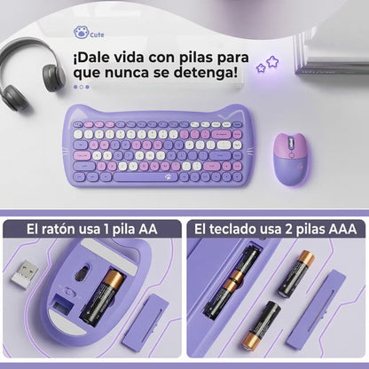 Combo Teclado Mouse GEEZER Gato Púrpura - Compacto 2.4G 1600 DPI Silencioso Pilas