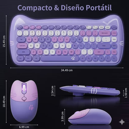 Combo Teclado Mouse GEEZER Gato Púrpura - Compacto 2.4G 1600 DPI Silencioso Pilas