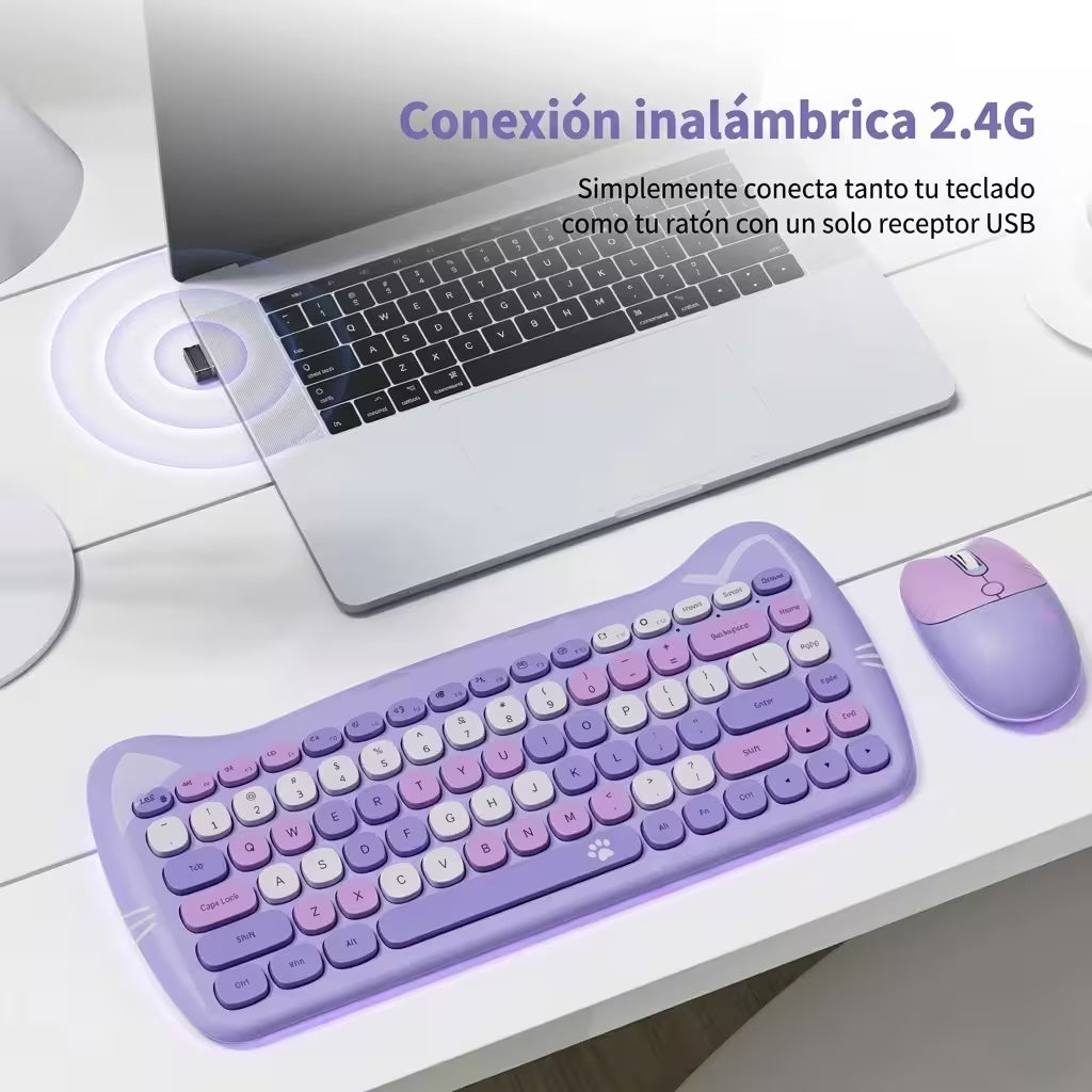 Combo Teclado Mouse GEEZER Gato Púrpura - Compacto 2.4G 1600 DPI Silencioso Pilas