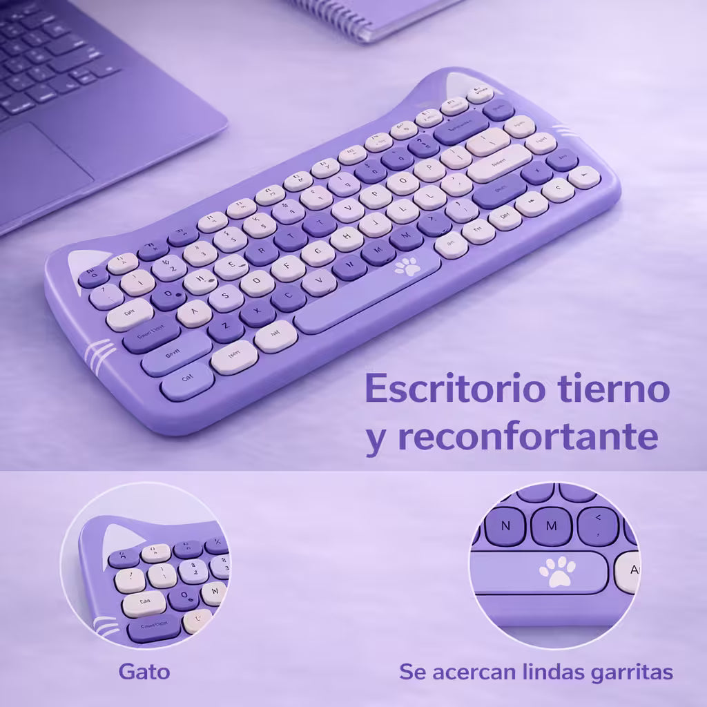 Combo Teclado Mouse GEEZER Gato Púrpura - Compacto 2.4G 1600 DPI Silencioso Pilas