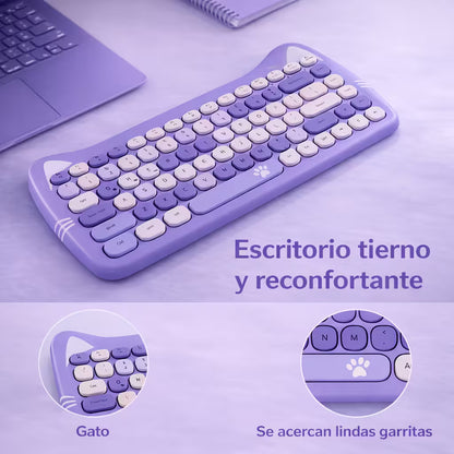 Combo Teclado Mouse GEEZER Gato Púrpura - Compacto 2.4G 1600 DPI Silencioso Pilas