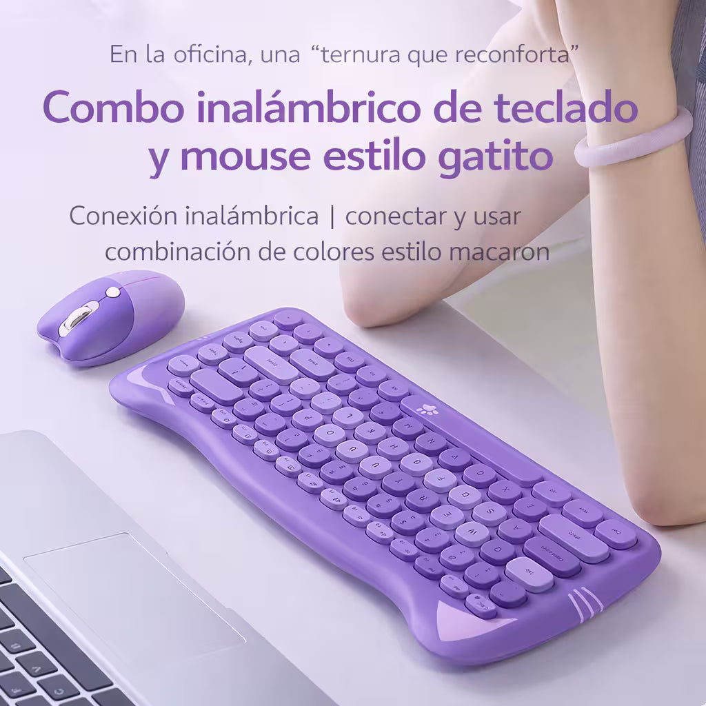 Combo Teclado Mouse GEEZER Gato Púrpura - Compacto 2.4G 1600 DPI Silencioso Pilas