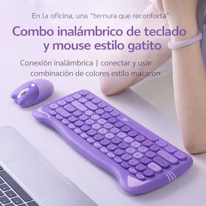 Combo Teclado Mouse GEEZER Gato Púrpura - Compacto 2.4G 1600 DPI Silencioso Pilas