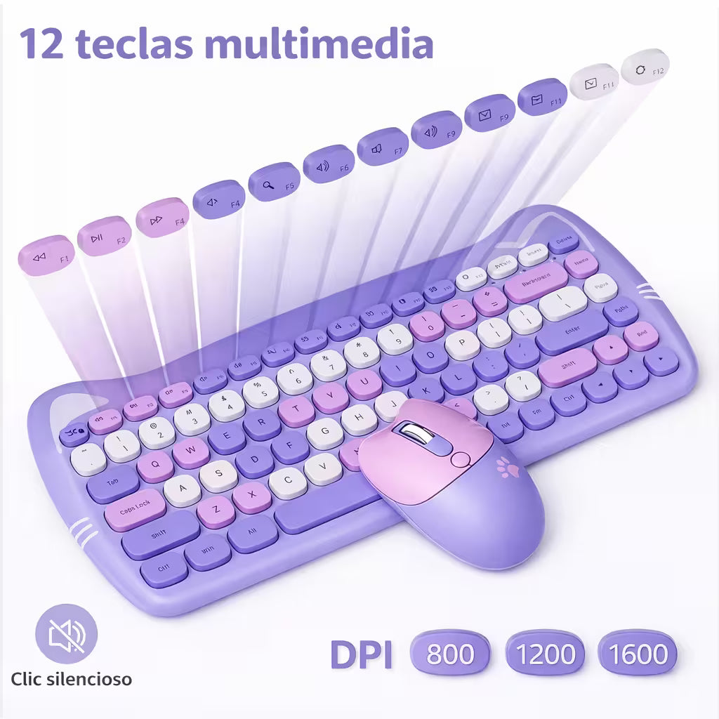 Combo Teclado Mouse GEEZER Gato Púrpura - Compacto 2.4G 1600 DPI Silencioso Pilas
