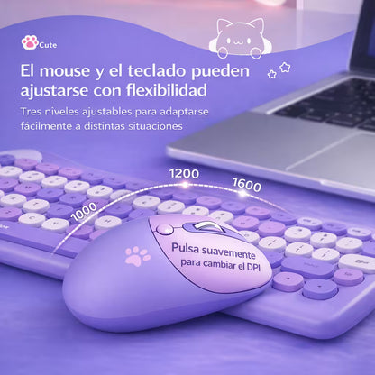 Combo Teclado Mouse GEEZER Gato Púrpura - Compacto 2.4G 1600 DPI Silencioso Pilas