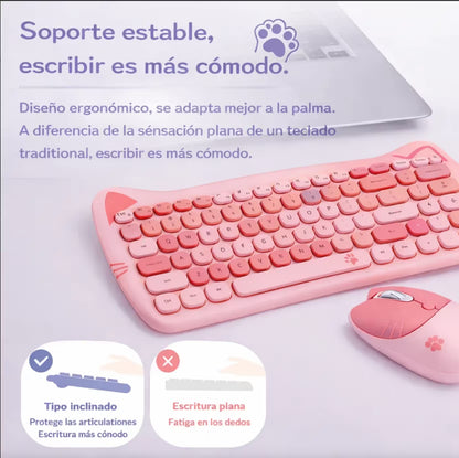Combo Teclado Mouse GEEZER Gato Rosado - Compacto 2.4G 1600 DPI Silencioso Pilas