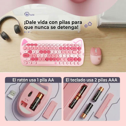 Combo Teclado Mouse GEEZER Gato Rosado - Compacto 2.4G 1600 DPI Silencioso Pilas