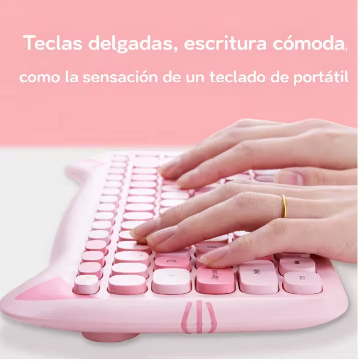 Combo Teclado Mouse GEEZER Gato Rosado - Compacto 2.4G 1600 DPI Silencioso Pilas