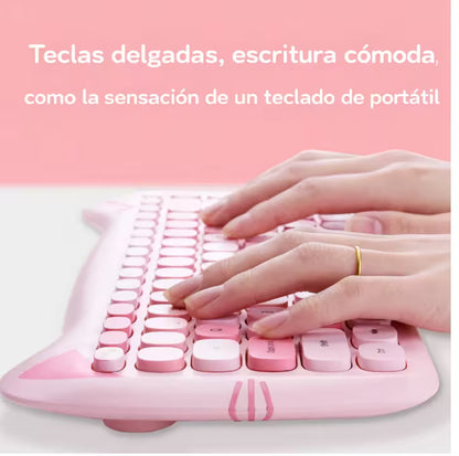 Combo Teclado Mouse GEEZER Gato Rosado - Compacto 2.4G 1600 DPI Silencioso Pilas