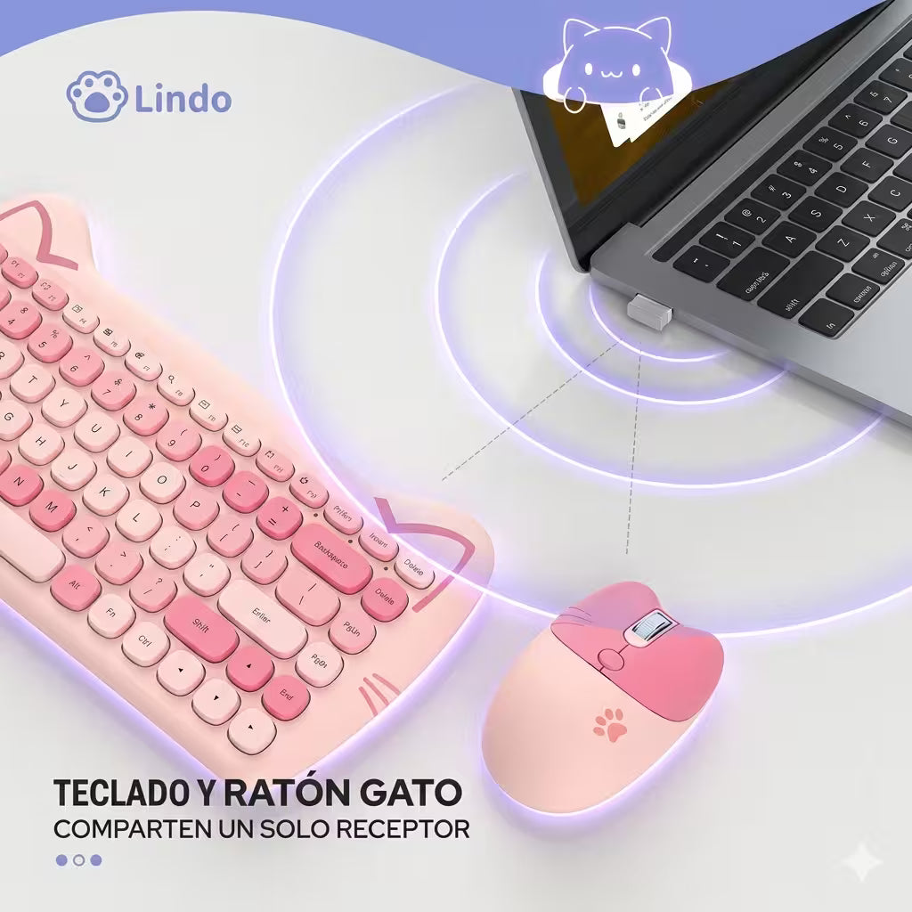 Combo Teclado Mouse GEEZER Gato Rosado - Compacto 2.4G 1600 DPI Silencioso Pilas