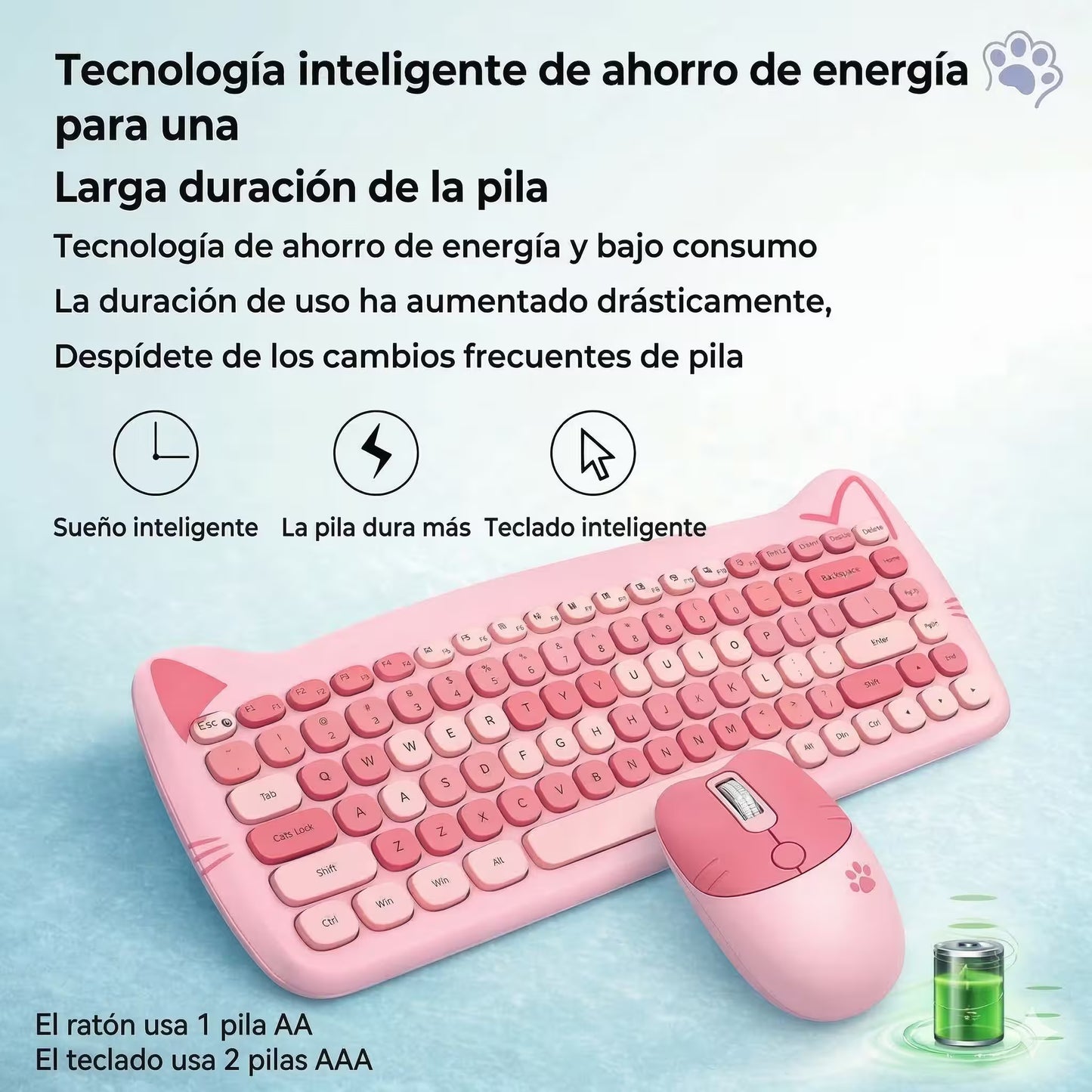 Combo Teclado Mouse GEEZER Gato Rosado - Compacto 2.4G 1600 DPI Silencioso Pilas