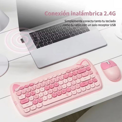 Combo Teclado Mouse GEEZER Gato Rosado - Compacto 2.4G 1600 DPI Silencioso Pilas
