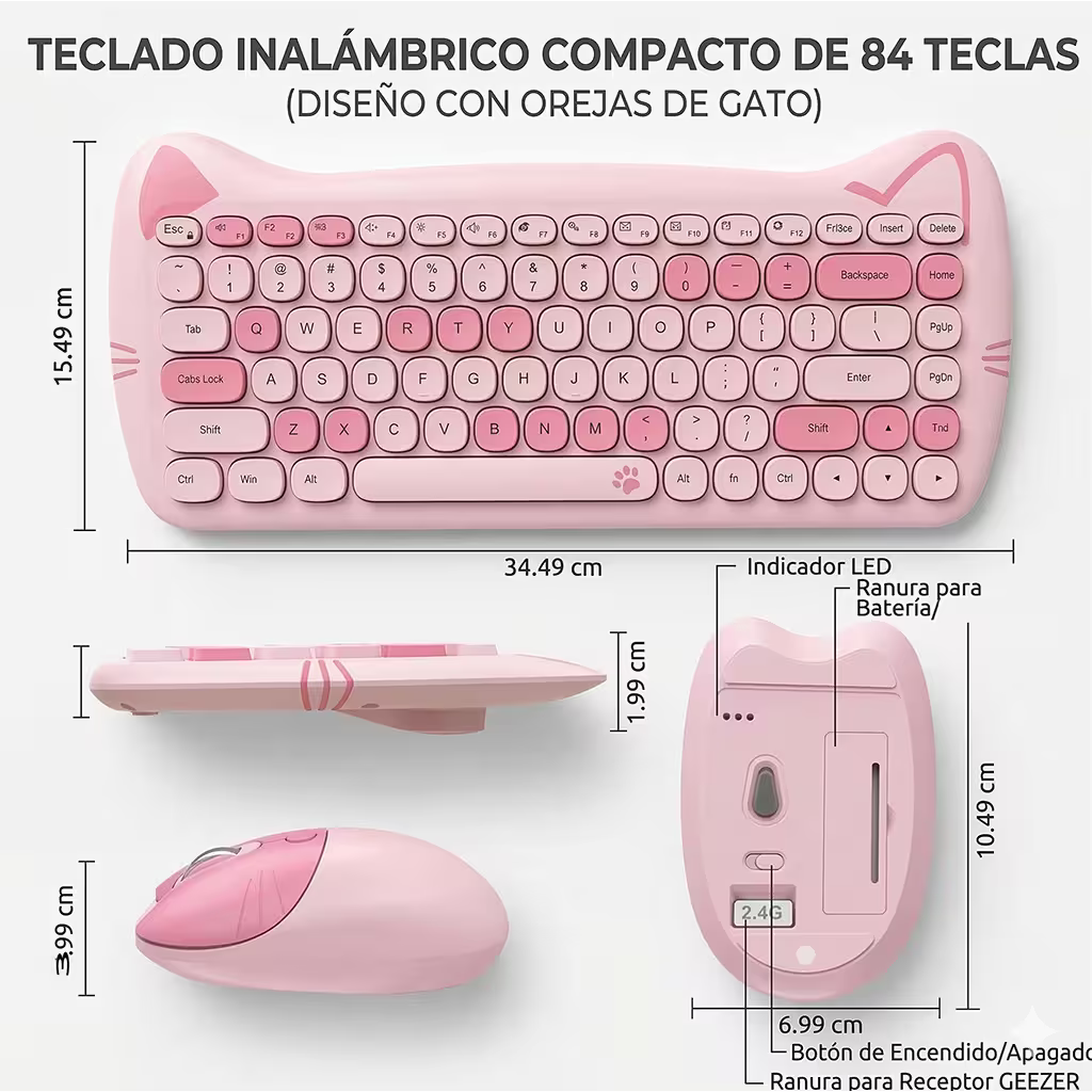 Combo Teclado Mouse GEEZER Gato Rosado - Compacto 2.4G 1600 DPI Silencioso Pilas