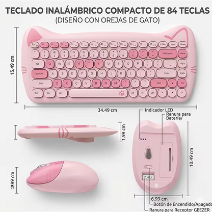 Combo Teclado Mouse GEEZER Gato Rosado - Compacto 2.4G 1600 DPI Silencioso Pilas