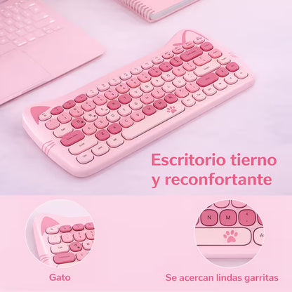 Combo Teclado Mouse GEEZER Gato Rosado - Compacto 2.4G 1600 DPI Silencioso Pilas
