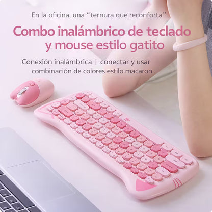 Combo Teclado Mouse GEEZER Gato Rosado - Compacto 2.4G 1600 DPI Silencioso Pilas