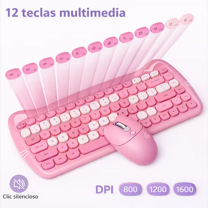 Combo Teclado Mouse GEEZER Gato Rosado - Compacto 2.4G 1600 DPI Silencioso Pilas