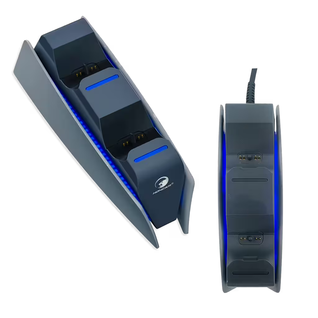 Base Cargadora HONCAM PS5 DualSense Gris - Carga Dual LED Azul Tri-Protección Type-C