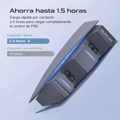 Base Cargadora HONCAM PS5 DualSense Gris - Carga Dual LED Azul Tri-Protección Type-C
