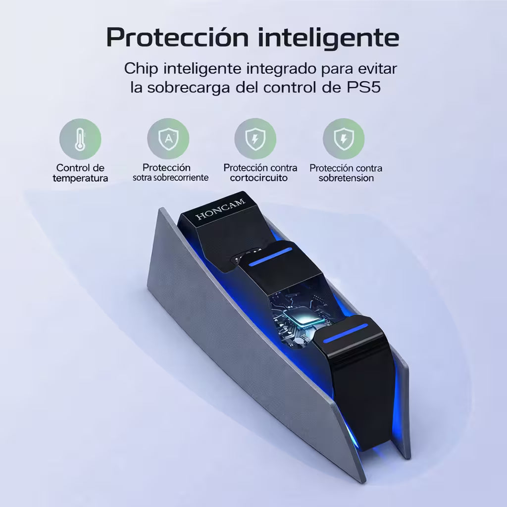 Base Cargadora HONCAM PS5 DualSense Gris - Carga Dual LED Azul Tri-Protección Type-C