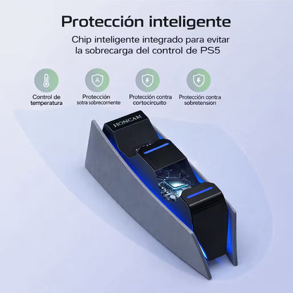 Base Cargadora HONCAM PS5 DualSense Gris - Carga Dual LED Azul Tri-Protección Type-C