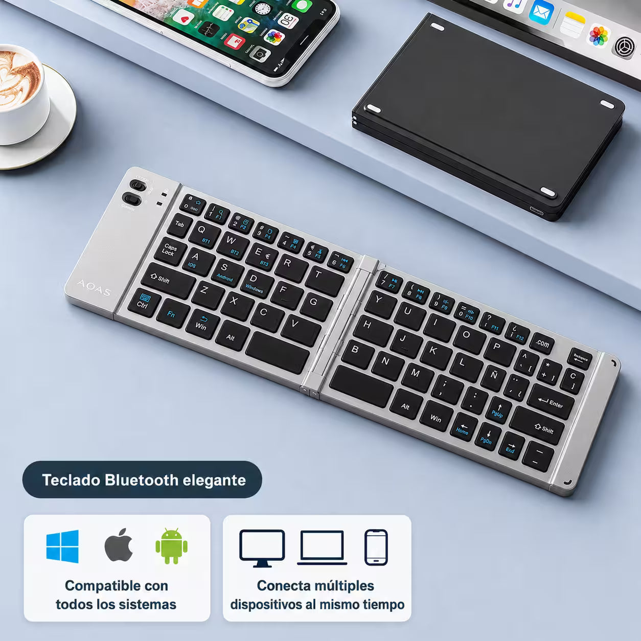 Teclado Plegable Bluetooth AOAS A-1006 Negro – Compacto | QWERTY con Ñ | BT + USB | Portátil