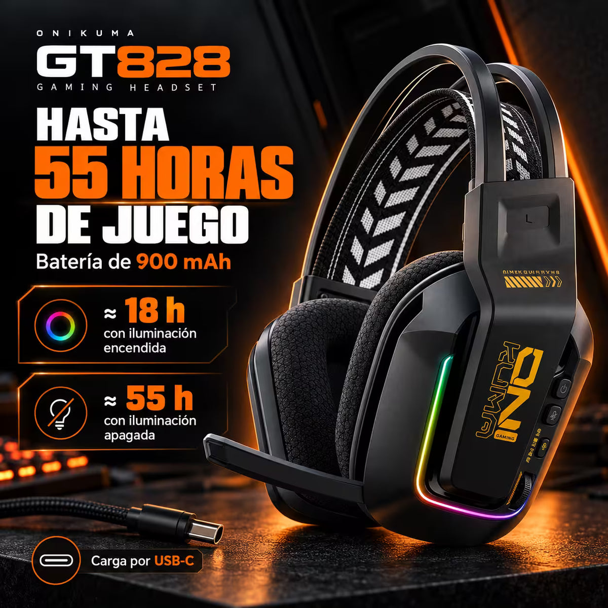 Diadema Inalámbrica Onikuma GT828 – 50mm | 900mAh 55h | Dongle 2 en 1 | 2.4G + BT