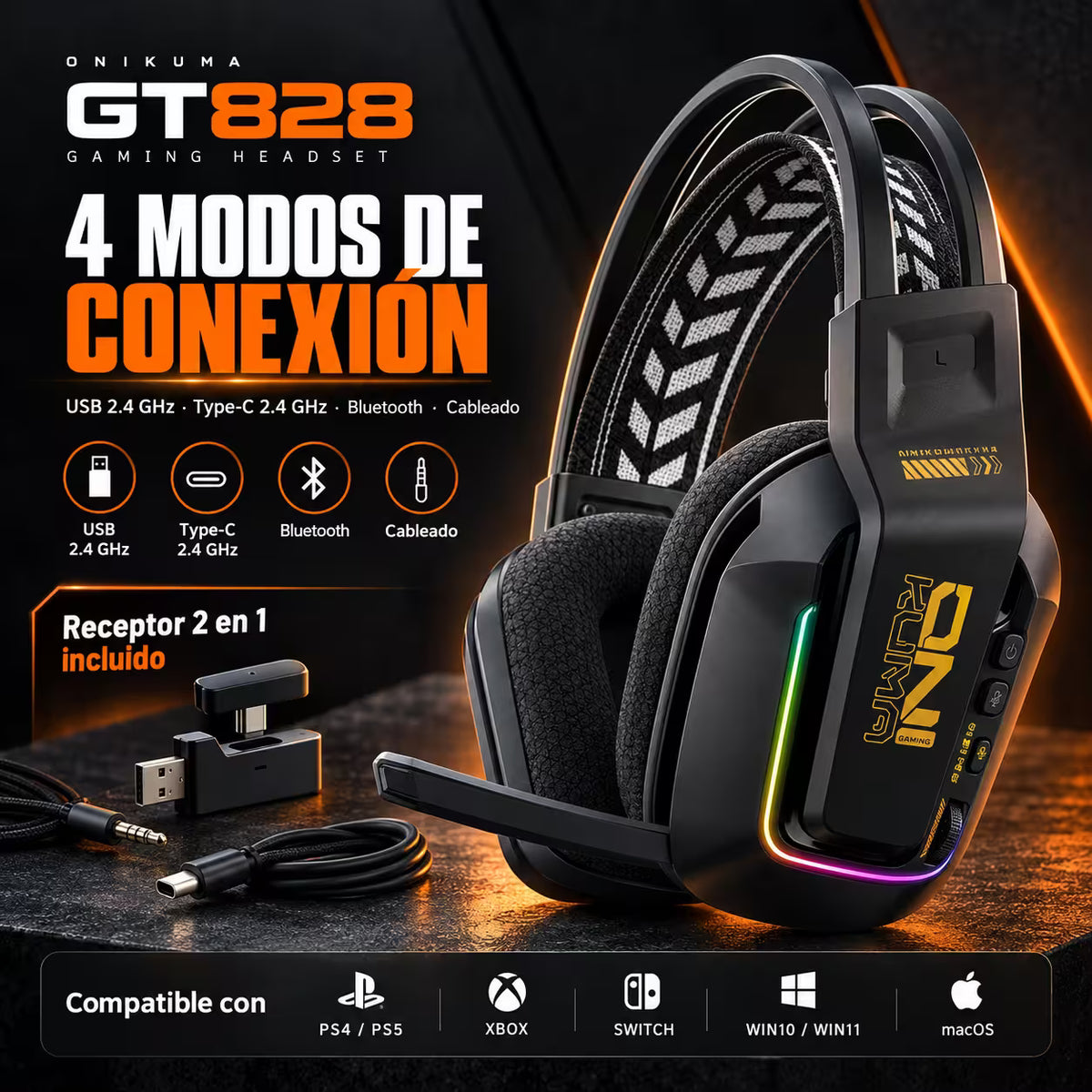 Diadema Inalámbrica Onikuma GT828 – 50mm | 900mAh 55h | Dongle 2 en 1 | 2.4G + BT
