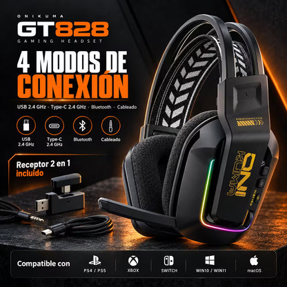Diadema Inalámbrica Onikuma GT828 – 50mm | 900mAh 55h | Dongle 2 en 1 | 2.4G + BT