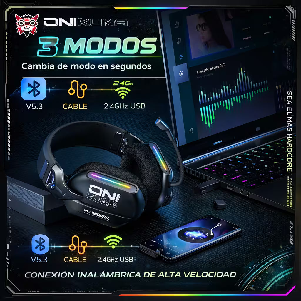 Diadema Gamer Inalámbrica ONIKUMA GT808 RGB - 3 Modos Conexión Micrófono 360° Bluetooth 5.3